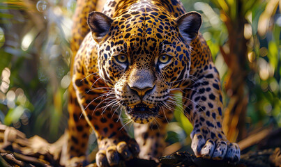 Wall Mural - A stunning leopard moves stealthily through lush greenery. Generate AI