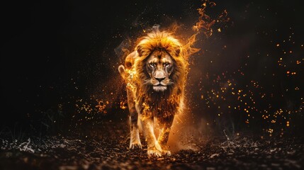 Canvas Print - Fire lion on black background, AI generated Image