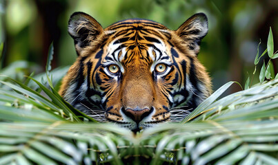 Wall Mural - A close-up of a tiger's face with sharp eyes among green leaves. Generate AI