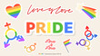 Pride month stickers set on cream color background, LGBT flat style symbols with pride flags, gender signs, retro rainbow, LGBT pride community Symbols, Vector set of LGBTQ, Vector illustration EPS 10