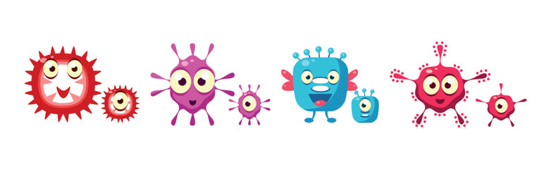 Sticker - Bacteria and Microbes Characters with Funny Smiling Faces Vector Set