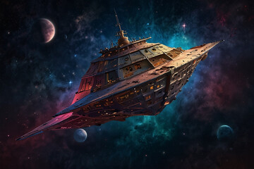 Wall Mural - Mystical spaceship and planets in the dark sky of the universe