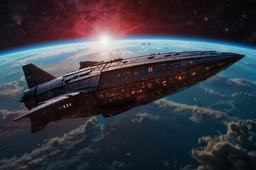 Wall Mural - Mystical spaceship and planets in the dark sky of the universe
