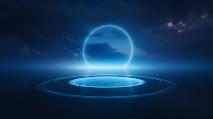 Wall Mural - Glowing blue neon ring floating on water