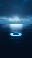 Wall Mural - Glowing blue neon ring floating on water