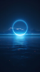 Wall Mural - Glowing blue neon ring floating on water