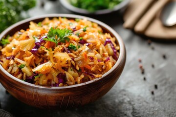 Wall Mural - Top View, A delicious and hearty meal awaits in this steaming bowl of Coleslaw is a Netherlands dish consisting shredded cabbage with a salad dressing.