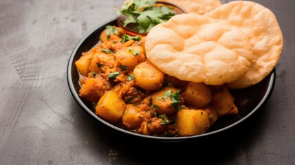 Wall Mural -  Delicious Aloo Poori ( Potato curry with fried bread) popular Indian breakfast, lunch, dinner menu ready to be enjoyed.