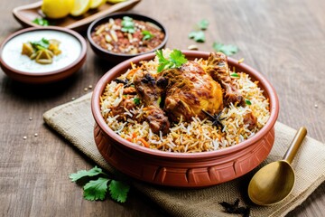 Wall Mural - Appetizing Non Veg Biryani Dish Served in Bowl, Inviting the Viewer to Enjoy a Serving of this Delectable Dish.