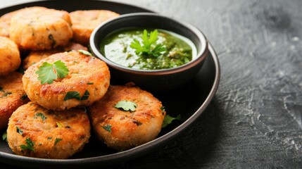 Canvas Print - Appetizing Fried Potato Patties with Garnish Herbs and Spicy Green Sauce (Chutney) on Dark Background, Ready to Be Eaten and Served.