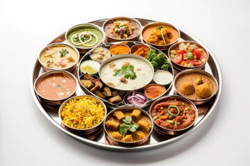 Wall Mural - Top View, Selective Meal of Indian Thali (food platter) filled consists variety of veggies, lentils, rice, raita, roti and salad etc, beautifully presented and ready to be enjoyed.