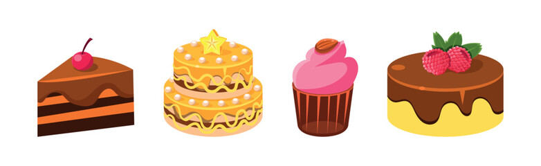 Poster - Sweet Cake and Cupcake Dessert with Cream Vector Set