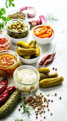 Wall Mural -  Variety of Fresh and Pickled Vegetables in Jars with Including Spices and Herbs Displaying, Closeup View.