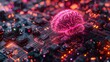 An artificial intelligence isometric landing page with microcircuits on a neon glowing futuristic background, a glowing human brain levitates on a platform and microcircuits are illuminated by