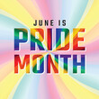 June is pride month - Text with colorful Rainbow pride spin gradient circle texture on soft pastal spin gradient circle background vector design