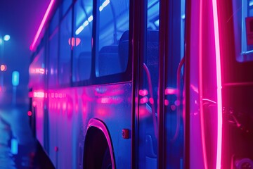 Wall Mural - A city bus with neon lights reflecting off its surface at night.