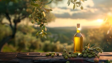 Canvas Print - Tranquil Evening Scene with Olive Oil Bottle on Wooden Table Overlooking Sunset. Rustic and Natural Setting Captured in Warm Light. AI