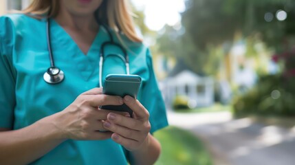 Wall Mural - A nurse using a smartphone to access electronic medical records and review patient information during a shift