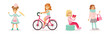 Happy Girl Child Character Engaged in Different Activity Vector Set