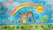 Children's drawing with pencil and crayons for Children's Day. Little children, girls hold hands in nature surrounded by flowers, sun and rainbows. Artistic design illustration, summer