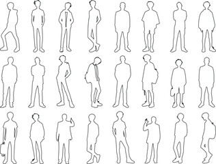 Line art of men, and boys in various poses, perfect man outline for design, fashion, animation, posture study. Collection of male figures, standing, walking, hands in pockets, leaning outline drawing