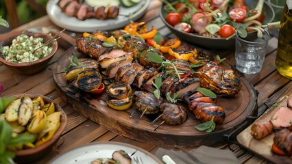 Wall Mural - Vibrant summer BBQ with grilled meats and veggies perfect for family gatherings. Concept Summer BBQ, Grilled Meats, Grilled Veggies, Family Gatherings, Vibrant Flavors