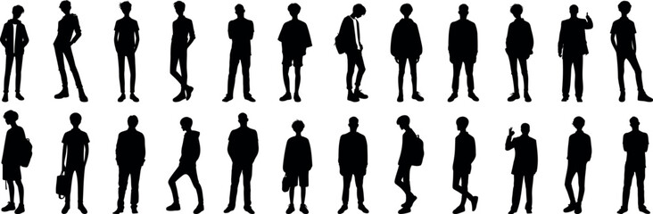 Wall Mural - boy silhouette vector illustration, diverse silhouette of men in various poses. depicting standing, 