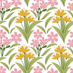 Wall Mural - Blooming midsummer meadow seamless pattern. Plant background for fashion, wallpapers, print. Different flowers on the field. Liberty style millefleurs. Trendy floral design