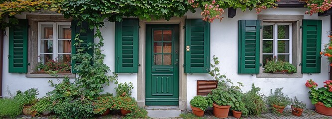 Wall Mural - dwelling in a charming Swiss village with green shutters that are encircled by climbing plants