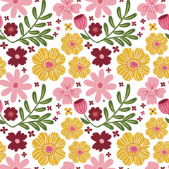 Wall Mural - Blooming midsummer meadow seamless pattern. Plant background for fashion, wallpapers, print. Different flowers on the field. Liberty style millefleurs. Trendy floral design