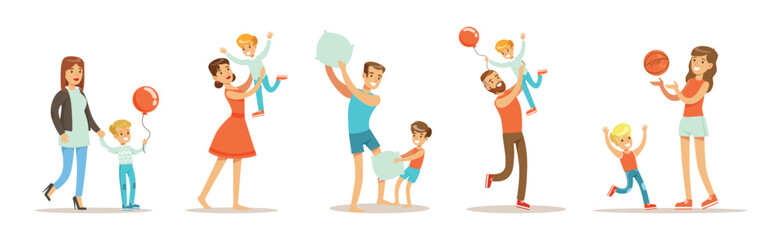 Wall Mural - Parents and Their Kids Having Good Time Together Vector Set