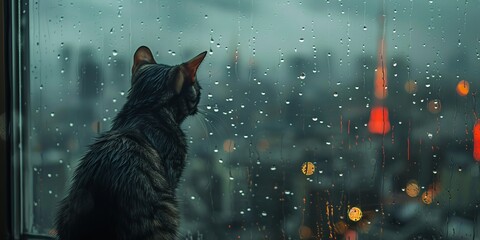 Sticker - Cat looking out of a window onto a cityscape in the rain