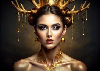 Wall Mural - A creative banner for a beauty salon in black and gold tones. A professional makeup artist, stylist and hairdresser. A beautiful woman with evening makeup and golden horns on her head. 