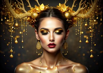 Wall Mural - A creative banner for a beauty salon in black and gold tones. A professional makeup artist, stylist and hairdresser. A beautiful woman with evening makeup and golden horns on her head. 