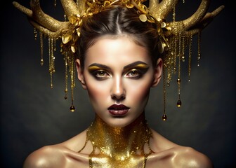 Wall Mural - A creative banner for a beauty salon in black and gold tones. A professional makeup artist, stylist and hairdresser. A beautiful woman with evening makeup and golden horns on her head. 