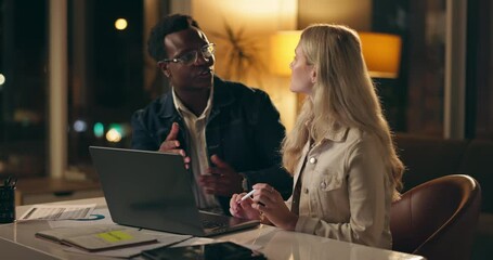 Poster - Laptop, discussion and business people together at night for brainstorming, planning or web design. Advice, partnership and consulting for project development, support or strategy in dark office.