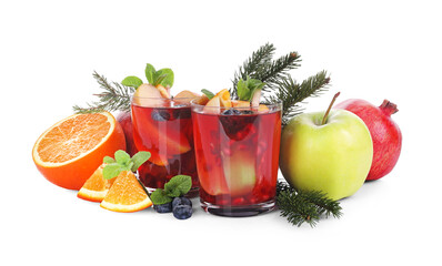 Wall Mural - Aromatic Sangria drink in glasses, ingredients and Christmas decor on white background