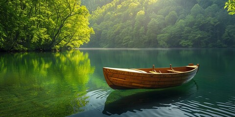 Wall Mural - Rowing Boat on a Lake, Surrounded by Green Trees. Beautiful Peaceful Scene.