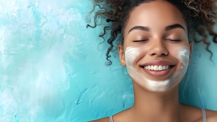 Wall Mural - Happy woman with eyes closed and glowing skin in skincare ad mockup. Concept Skincare, Beauty, Advertisement, Happy Woman, Glowing Skin