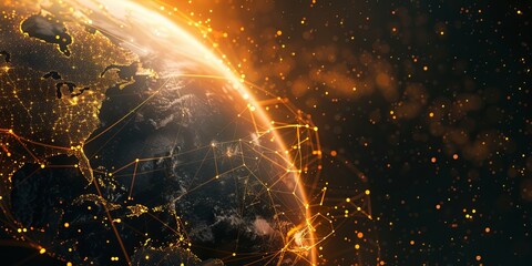 Wall Mural - illustration of glowing planet with yellow network connecting cities on black background
