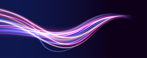 Fototapete - Neon Color Blurred Motion On Speedway. Acceleration speed motion on night road. Concept of leading in business, Hi tech products, warp speed wormhole science vector design. 