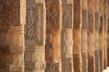 Beautiful Carving Details on the Pillars of Sri Rangnatha Swamy Temple, 100 BCE Living Hindu Temple, Srirangam, Tiruchirappalli, Tamil Nadu, India.