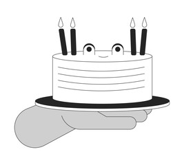 Poster - Birthday cake with frog face holding cartoon human hand outline illustration. Holiday dessert 2D isolated black and white vector image. Confectionery for party flat monochromatic drawing clip art
