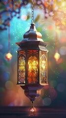 Poster - Celebration of islamic eid mubarak and eid al adha lantern in a light background.