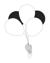 Poster - Air balloons bunch holding cartoon human hand outline illustration. Children holiday decor 2D isolated black and white vector image. Festive mood creation flat monochromatic drawing clip art