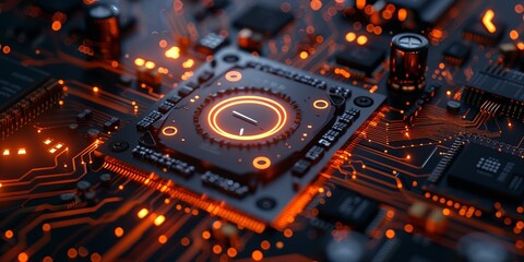 Aufkleber - Time Technology Concept with clock symbol on a Microchip. Orange Neon Data flows between Users and the CPU across a Futuristic Motherboard.