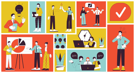 Poster - People working in office bento grid illustration set. Company team. Corporate job 2D vector image collage design graphics collection. Employee engagement flat characters moodboard layout