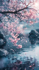 Canvas Print - Asian garden with sakura trees and pond. Landscape with cherry blossom falling in lake with bokeh light. Springtime fine art background.