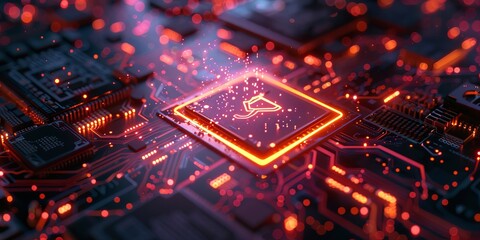 Aufkleber - Internet Technology Concept with web symbol on a Microchip. Data flows from the CPU across a Futuristic Motherboard.