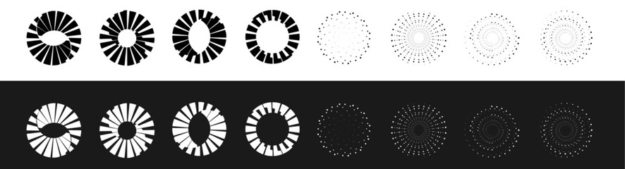 Aufkleber - Abstract round halftone frames, rotating dotted circles on black background. Dot circle pattern. Orange round halftone dot patterns. Spiral halftones frame. Set of swirl abstract ripple elements. PNG